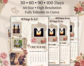 Printable Wedding Countdown Calendar,Countdown to Wedding, Days Until Wedding, Countdown to I Do, 100 Day Countdown, 30 Day , 60 Day, 90 Day