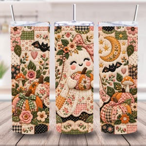 Floral Patchwork Ghost Tumbler Wrap PNG, Retro Vintage Country Quilt Tumbler Wrap, Cute Ghost Tumbler Wrap PNG, Halloween 20oz tumbler wrap