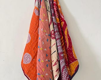 Juego de toallas de algodón Kantha hechas a mano – Textil indio colorido, patchwork vintage (juego de 5)