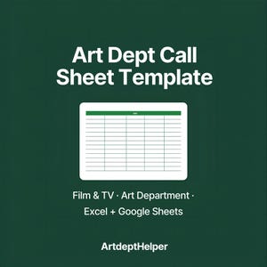 Può includere: Un modello digitale per un Art Dept Call Sheet, con il titolo "Art Dept Call Sheet Template" in testo bianco. Il modello è un rettangolo bianco con un'intestazione verde e linee a griglia. Lo sfondo è verde scuro.