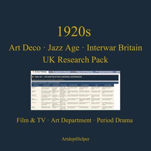 May include: A navy blue graphic with the text "1920s Art Deco Jazz Age Interwar Britain UK Research Pack." Additional text includes "Film & TV Art Department Period Drama" and "ArtdeptHelper."