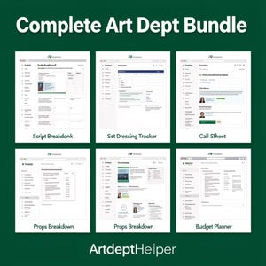 Op de afbeelding: Een groene achtergrond met de tekst "Complete Art Dept Bundle" in het wit. Zes screenshots van software-interfaces worden weergegeven, elk met titels als "Script Breakdown" en "Budget Planner". De website-adres "ArtdeptHelper" staat onderaan.