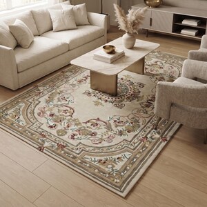 Alfombra tradicional de lana con estampado floral, alfombra con diseño de medallón de rosas, alfombra vintage multicolor beige, decoración elegante para dormitorio y sala de estar, bucle