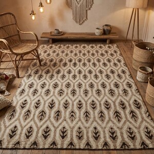 Hand Knotted Wool Geometric Leaf Pattern Rug Beige Brown Tribal Scandinavian Area Carpet