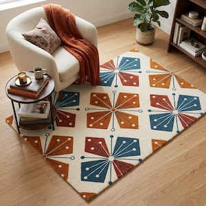 Mid Century Modern Atomic Starburst Wool Area Rug, Retro Geometric Carpet, Living Room Mat, Tufted