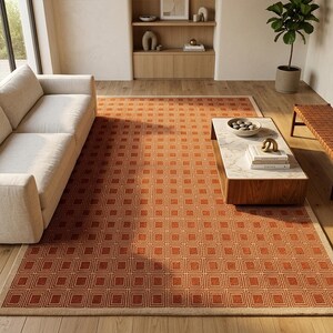Hand Tufted Wool Geometric Area Rug, Rust Terracotta Modern Square Pattern Carpet for Living Room Bedroom Home Decor