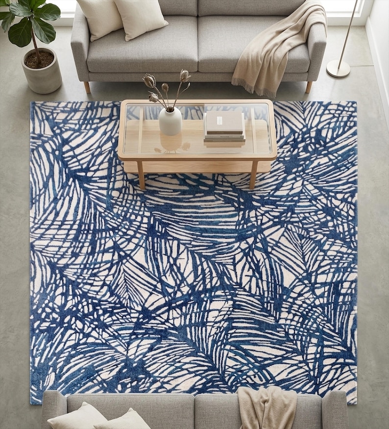 Hand Tufted Wool Rug Abstract Blue Ivory Modern Pattern Living Room ...