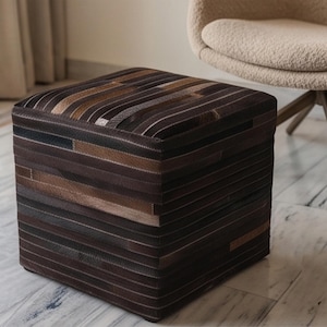 Striped Cowhide Pouf Ottoman Hair on Leather Strip Patchwork Footstool Brown Genuine Leather Cube Pouffe Indoor Modern Boho Furniture Accent