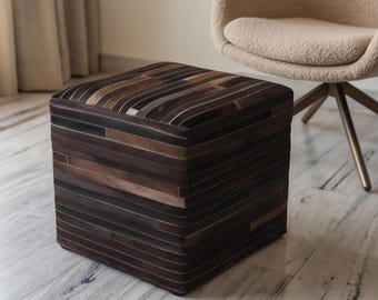 Puf otomano de piel de vaca a rayas, con pelo sobre tiras de cuero, estilo patchwork, taburete, puf cúbico de cuero genuino marrón, estilo bohemio moderno para interiores.