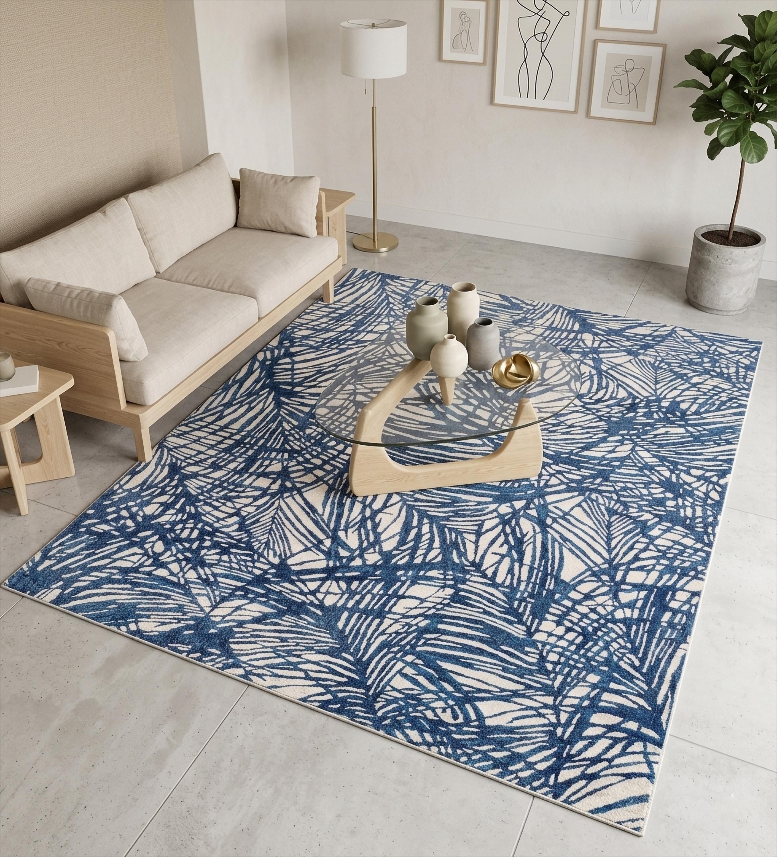 Hand Tufted Wool Rug Abstract Blue Ivory Modern Pattern Living Room ...