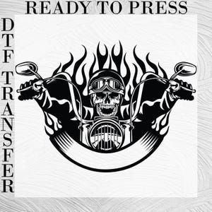 Skull Biker DTF Transfer, Motorcycle Flame Graphic, Gothic Rider Shirt Print