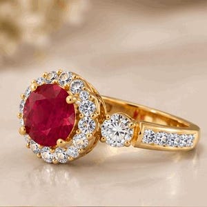Ruby Halo Ring, 18k Solid Gold Ring, Moissanite Accent Stones, Round Cut Red Gemstone Engagement Ring, July Birthstone Jewelry Half Eternity