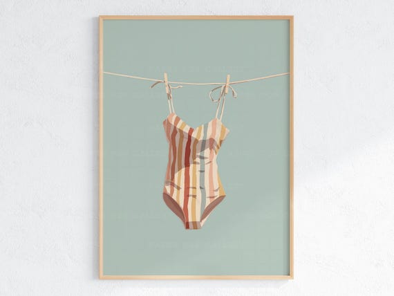 Vintage Striped Swimsuit Print, Minimalist Coastal Bathroom Art (Unframed)