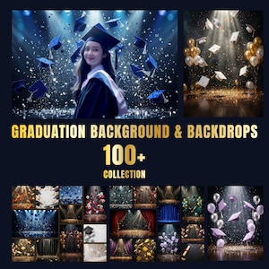 Puede incluir: Una colección de fondos de graduación con diversos diseños. La imagen principal presenta a una graduada con toga y birrete con birretes voladores. El texto dice "GRADUATION BACKGROUND & BACKDROPS 100+ COLLECTION."