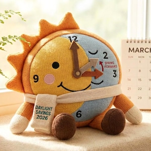 May include: A plush clock shaped like a smiling sun with orange rays, a yellow face, and blue accents. The clock hands point to 12 and 3. A scarf reads "Daylight Savings 2026." A calendar shows March 2026.