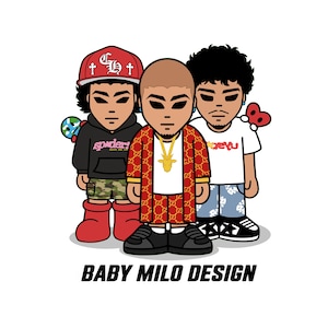 Pode incluir: Ilustração de três personagens de desenhos animados. A figura da esquerda usa um boné vermelho, um moletom preto com capuz, shorts camuflados e botas vermelhas. A figura do meio está em um terno estampado em vermelho com uma corrente de ouro. O texto "BABY MILO DESIGN" está na parte inferior.