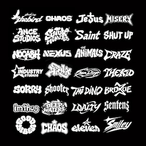 May include: A collection of twenty-four white graphic logos arranged in a grid on a black background. The logos feature various stylised fonts and text including The Bird, Chaos, Jesus, Misery, Ance Studios, Futur Minutes, Saint, Shut Up, and others.