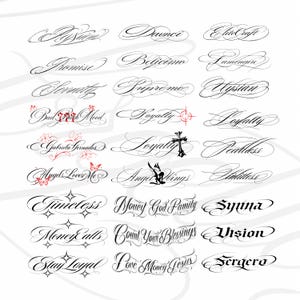 May include: A collection of black calligraphic text designs arranged in a grid. The words include Passion, Daunci, EliteCraft, Promise, Belicimo, Lumengire, Serenity, Supreme, Uystian, Bad Mood, Loyalty, Gabriela Fernados, AngelsLovesMe, AngelWings, Timeless, MoneyGodFamily, Syina, MoneyCalls, CountYourBlessings, Vision, StayLoyal, LoveMoneyJesus, and Sergero, featuring decorative flourishes, small red butterflies, a red target, a cross, and star icons.
