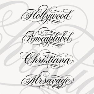 May include: A digital graphic featuring four lines of black text in a decorative, flowing script font. The words displayed are Hollywood, Nnocaplabel, Christiana, and Mrsavage, each accented with elegant, swirling flourishes and ornate calligraphic loops.