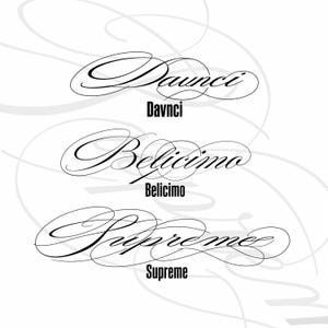 May include: A graphic design featuring three lines of black text in a decorative, flowing script font. Each line displays a word followed by its sans-serif counterpart: Daunci, Belicimo, and Supreme. The background is white with faint, light grey swirls.