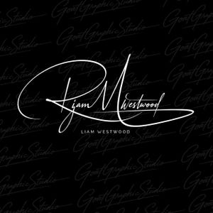 Può includere: Uno sfondo nero con un motivo a filigrana ripetuto del testo Goat Graphic Studio in corsivo. Al centro si trova un grande logo con firma bianca che recita Liam Westwood in un carattere fluido, con il nome ripetuto sotto in carattere sans-serif.