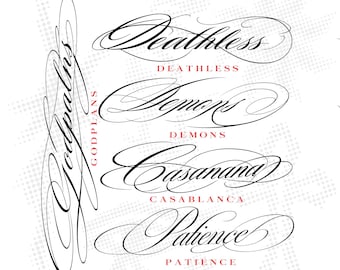 Puede incluir: Un diseño gráfico que presenta la palabra Godplans escrita verticalmente en caligrafía negra, junto a cuatro líneas horizontales: Deathless, Demons, Casanana y Patience, cada una en letra cursiva negra con texto rojo sin remates.