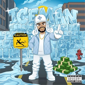 May include: Cartoon illustration of a man in a light blue quilted jacket and white outfit, pointing upwards. The word "ICEMAN" is written in ice block letters. A caution sign and a stack of money are also visible.