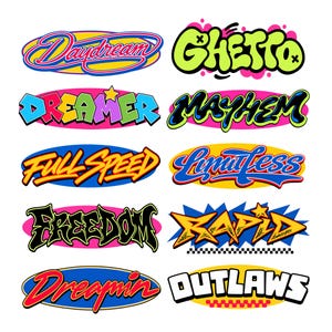May include: A collection of ten colourful graphic stickers featuring stylised text including Daydream, Ghetto, Dreamer, Mayhem, Full Speed, Limitless, Freedom, Rapid, Dreamin, and Outlaws, presented in various oval shapes and vibrant colour palettes.