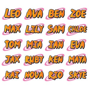 May include: A grid of twenty individual name stickers featuring orange text with black outlines, each set against a stylized pink orbital ring graphic. The names displayed are Leo, Ava, Ben, Zoe, Max, Lily, Sam, Chloe, Tom, Mia, Ian, Eva, Jax, Ruby, Ken, Maya, Kai, Nova, Rio, and Skye.