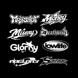 Puede incluir: Una colección de ocho logotipos gráficos blancos sobre un fondo negro que presentan las palabras Mugshot, Money, Misery, Deathwish, Glory, lowlife, NOGLORY y Savage, cada uno diseñado con tipografía estilizada, detalles de estrellas y formas geométricas.