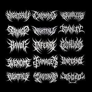 Puede incluir: Una colección de quince logotipos gráficos blancos sobre un fondo negro, con letras estilizadas, afiladas y dentadas. El texto incluye las palabras Nightfall, Firemad, Bloodless, Savage, Havoc, Inferno, Gothland, Venom, Ramaged y Rodeo.