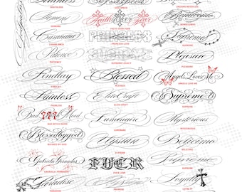 Op de afbeelding: Een verzameling zwarte en rode belettering in tattoo-stijl, gerangschikt in een raster. De woorden zijn onder andere Deathless, Godspeed, Dreams never die, Demons, Faith over fear, Bendecido, Casanana, Princess Love, Supreme, Patience, Supreme Legacy, Pleasure, Findlay, Blessed, Angels Loves Me, Painless, Elite Craft, Supreme, Bad Bitch Mood, Luminaire, Mysterious, Blessed by God, Elysian, Belicimo, Gabriela Fernados, Fuck Love, Supreme, Paradise, Promise, Loyalty, Davinci, Siempre en Legendary.
