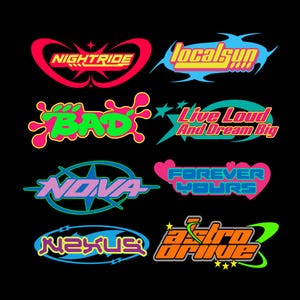 Puede incluir: Una colección de ocho logotipos gráficos sobre un fondo negro con colores vibrantes. El texto incluye NIGHTRIDE, localsun, BAD, Live Loud And Dream Big, NOVA, FOREVER YOURS, N2XUS y astro drive, estilizados con varias formas y símbolos.