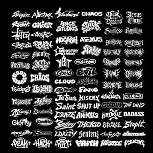 May include: A collection of white graphic text logos on a black background, featuring various stylised fonts and words including Eclipse, Allstar, Chaos, Chase Your Dreams, Jesus Christ, Saintless, Gangman, Rush, Ghost, Ance Studios, and others.