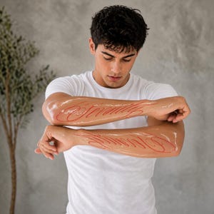 Può includere: Una t-shirt bianca a girocollo indossata da una persona con due avambracci mostrati orizzontalmente, ciascuno caratterizzato da un grande e complesso tatuaggio in corsivo rosso. Il tatuaggio superiore recita Eternity, quello inferiore segue lo stesso stile.