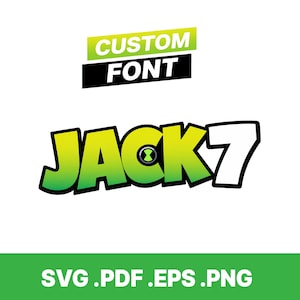 May include: A digital graphic featuring the text CUSTOM FONT at the top, followed by the name JACK7 in a bold, green-to-yellow gradient font with a black outline. The letter C contains a circular green and black icon. SVG .PDF .EPS .PNG text below.