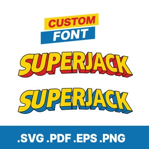 Op de afbeelding: Een digitale afbeelding met de tekst CUSTOM FONT in geel en wit op een blauwe achtergrond, gevolgd door het woord SUPERJACK in twee stijlen: gele letters met rode schaduwen en gele letters met blauwe schaduwen, eindigend met .SVG .PDF .EPS .PNG.