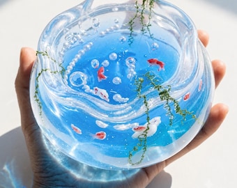 Miniature Fish Bowl Squishy Toy, Koi Pond Stress Relief Fidget,  Summer Desk Decor, Kawaii Miniature Aquarium Sensory Gift for Her