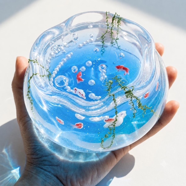 Miniature Fish Bowl Squishy Toy, Koi Pond Stress Relief Fidget,  Summer Desk Decor, Kawaii Miniature Aquarium Sensory Gift for Her