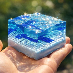 May include: A clear, cube-shaped resin art piece with layers depicting water. The top layer has a rippled effect, with sparkling highlights. The middle layer features blue geometric patterns. The base is a light blue and white. The piece is held in a hand.