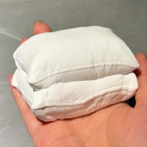 May include: A small, rectangular, white object with a textured surface that resembles a miniature pillow. The item features a distinct horizontal seam running across the middle, creating a layered appearance with two stacked sections of equal size.