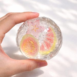 May include: A clear, spherical object containing slices of pink and yellow fruit. The fruit appears to be suspended in a clear gel or ice, creating a visually appealing and refreshing aesthetic. The object is held in a hand.