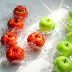 May include: A collection of artificial apples individually wrapped in clear plastic packaging. The set includes several red apples with yellow streaks and multiple bright green apples, each featuring a small brown stem on the top surface.