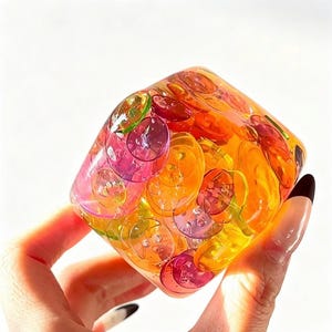 Puede incluir: Un pisapapeles de resina transparente en forma de cubo que contiene numerosos botones pequeños, translúcidos y multicolores en tonos naranja, amarillo, rosa, morado y verde. Los botones están suspendidos en el material transparente.