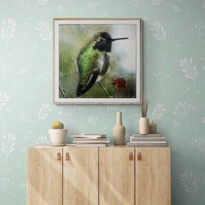 Perched Male Anna Hummingbird on Rose Bush Digital Art: Bird wall Art