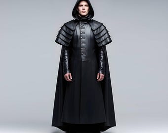 Zwarte leren kapmantel heren gotische cape middeleeuwse pantsermantel Dark Knight jas