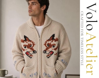 Knit Wolf Cardigan, Hail Mary Inspired Nordic Zip Up Jacket , Vintage Style Winter Jacket