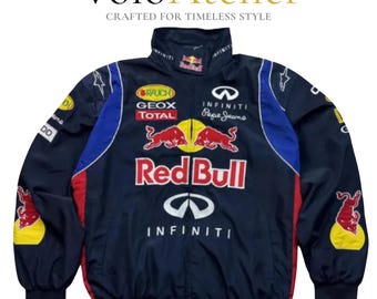Red Bull Vintage F1 Racing Jacket, Embroidered Motorsport Streetwear Zip-Up Coat