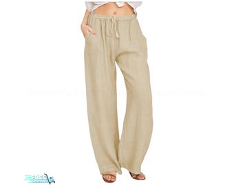 レディース コットンヘンプ ワイドレッグパンツ – ゆったりフィット カジュアルパンツ