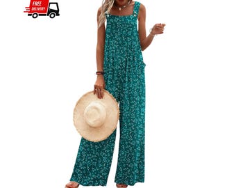 Women’s Boho Floral Jumpsuit Loose Wide Leg Overalls Summer Romper with Pockets